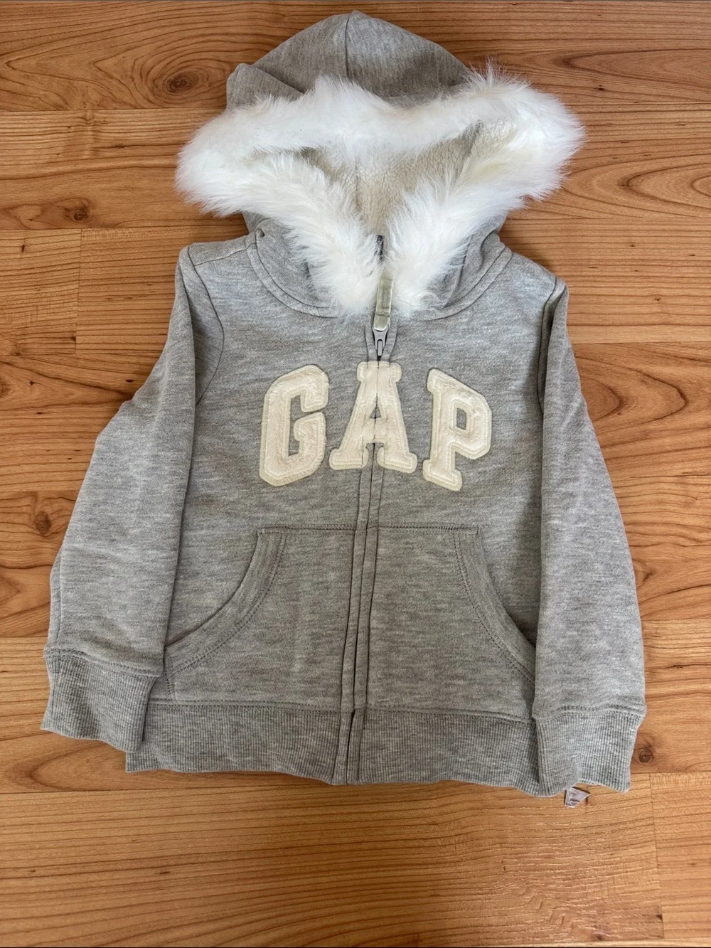 GAP Light Gray Hoodie with White Faux Fur Trim